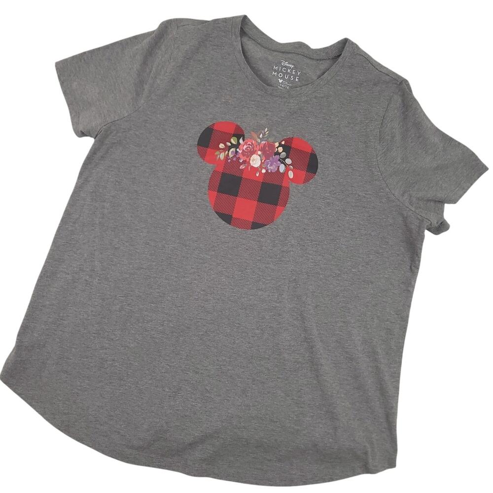 Disney Women's Buffalo Check Mickey Mouse Top T-Shirt Sz Large 14/16 Gray